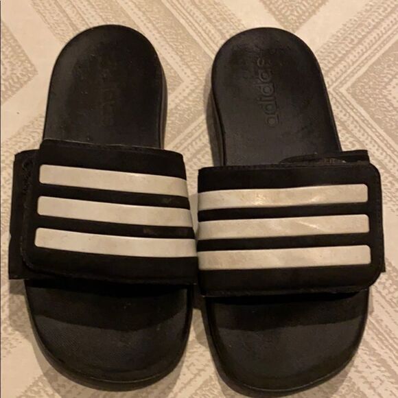 Adidas Boys Black & White Striped Velcro Slides - Picture 1 of 6